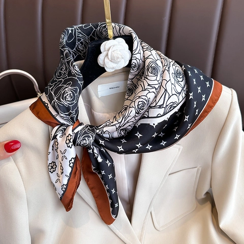 Elegant Square Scarf Imitation Satin Rose Floral Print Fashion Star Pattern Neck Head Wrap Versatile Accessory For Women