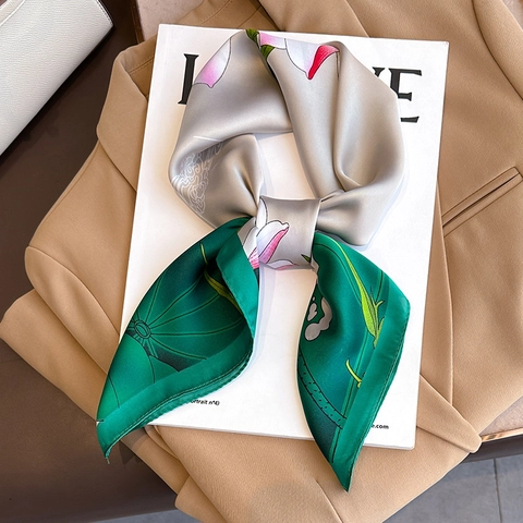 Elegant Lotus Flower Pattern Imitation Satin Satin Square Scarf Fashionable Neck Decorative Headband For Women