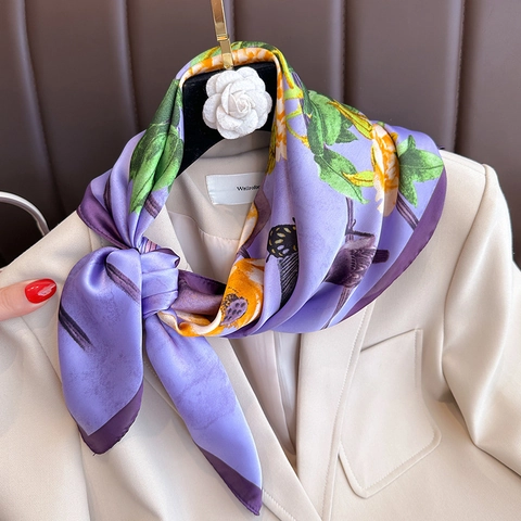 Women Elegant Purple Faux Satin Square Scarf Flower Bird Print Fashion Satin Neckerchief Retro Headband Hair Accessory