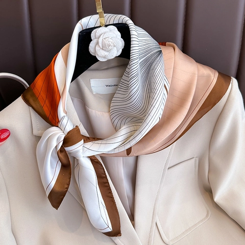 Elegante Pañuelo Cuadrado De Satén Sintética Diseño Geométrico Bloques Color Bandana Pelo Bufanda Cuello Moda Para Mujeres