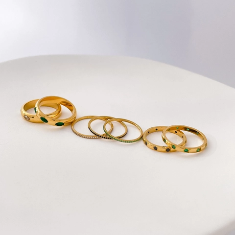 Women Minimalist Gold Plated Stainless Steel Ring With Green Black White Zirconia Eye Design Pavé Band Stacking Jewelry