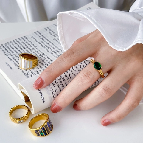 French Vintage Titanium Steel Ring Gold Plated Zircon Mother Of Artificial Pearl Abalone Shell Bamboo Geometric Ring For Women Jewelry