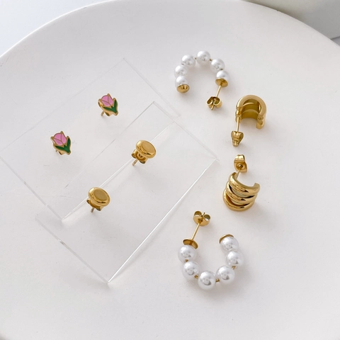 Stainless Steel Stud Earrings Mini Oval Artificial Pearl C-Shaped Tulip Flower Geometric Polished Elegant Jewelry For Women