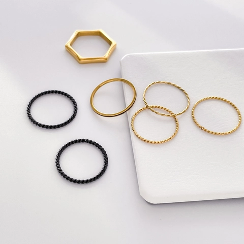 Bagues Empilables Géométriques Acier Inoxydable Hexagone Torsade Fine Ligne Émail Noir Bijoux Minimalistes Femmes