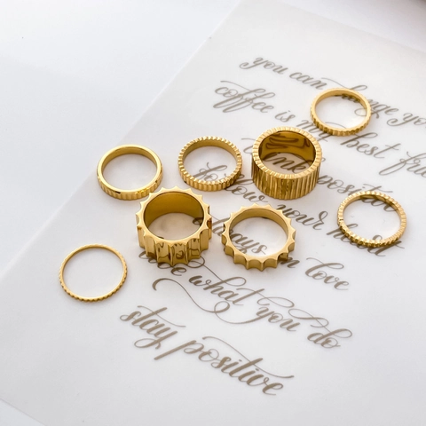 Verticaal Gestreepte Ring Titanium Staal Verguld Tandwiel Ontwerp Stapelbare Geometrische Band Sieraden Voor Dames Retro Minimalistisch