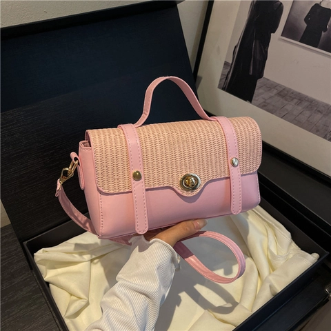 Women's Vintage Patchwork Straw Woven PU Leather Crossbody Bag Small Square Handbag With Gold Metal Lock Messenger Bag For Casual