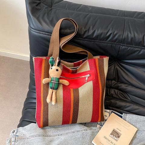 Borsa Tote In Tela A Righe Grande Capacità Borsa A Tracolla Casual Da Donna Con Accessorio Ciondolo Coniglio Di Peluche