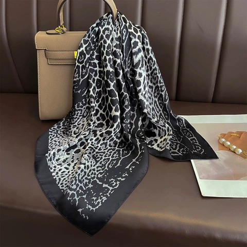 Women Leopard Print Faux Silk Satin Square Scarf Elegant Animal Pattern Bandana Hair Wrap Travel Sun Protection Neck Scarf