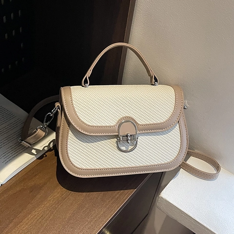 Retro Stitching PU Leather Woven Handbag Small Square Crossbody Bag With Metal Lock And Handle For Women Commuter Chic