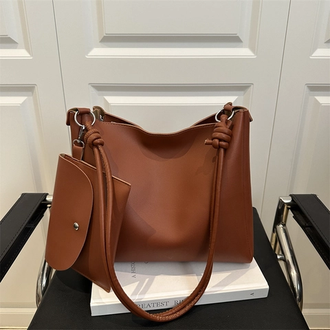 Women Fashion PU Leather Large Capacity Tote Bag Set With Small Pouch Knot Strap Decoration Solid Color Casual Shoulder Crossbody Bag For Travel Office