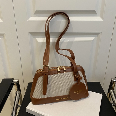 Borsa A Spalla Retro Tela PU Pelle Patchwork Colore A Contrasto Cerniera Tracolla Regolabile Borsa A Mano Per Donne