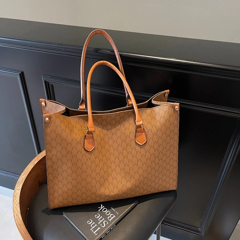 Grote Capaciteit Tote Tas PU Leer M Monogram Print Retro Woon-Werkverkeer Handtas Voor Dames Dagelijks Reizen Rits