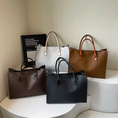 Damen M-Buchstaben-Druck Tote Bag Große Kapazität PU-Leder Schultertasche Lässig Trendy Mode Handtasche Reisetasche