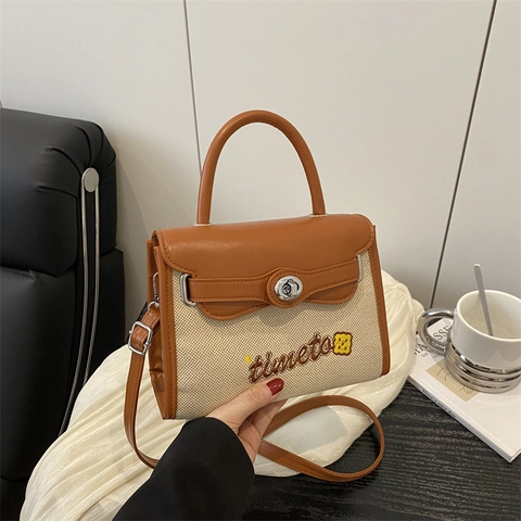 Patchwork Crossbody Bag PU Leather And Canvas Letter Embroidery Rotary Lock Small Square Handbag For Women Korean Style