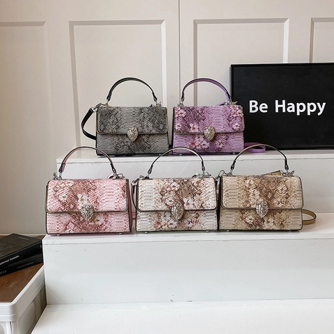 Retro Crossbody Bag Women PU Leather Snakeskin Pattern Metal Lion Head Clasp Elegant Shoulder Handbag Fashion Flap Purse