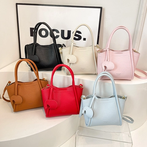 Damen Mode Lychee-Muster PU-Leder Beuteltasche Tragbarer Griff Schulter Umhängetasche Mit Elefanten-Anhänger Elegante Tote Handtasche