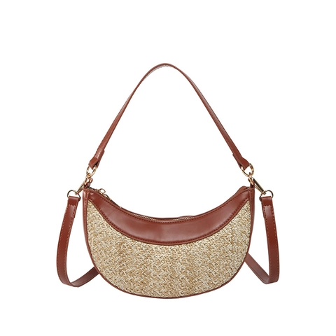 Borsa A Tracolla Da Donna In Paglia Intrecciata Patchwork Spiaggia Estiva Spalla Mezzaluna Moda Minimalista Cerniera Regolabile