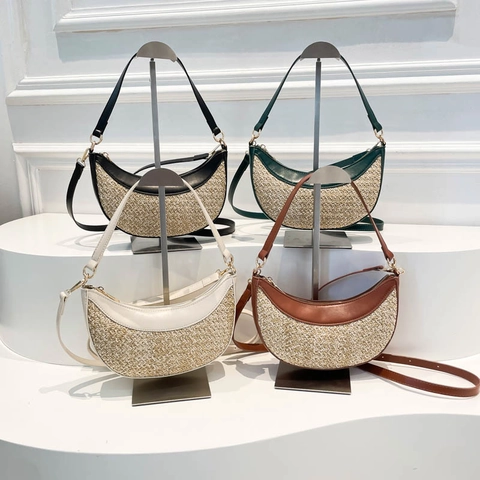 Borsa A Tracolla Da Donna In Paglia Intrecciata Patchwork Spiaggia Estiva Spalla Mezzaluna Moda Minimalista Cerniera Regolabile