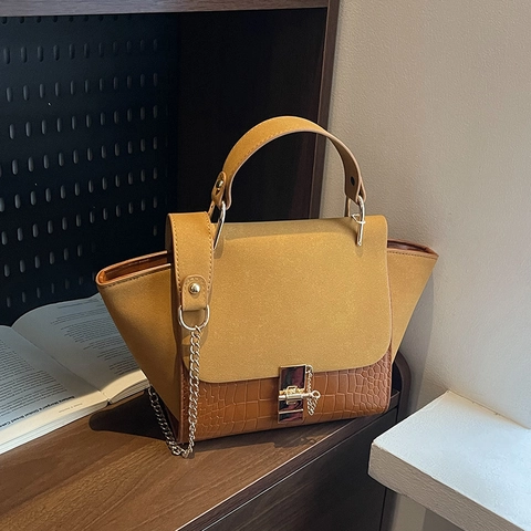 Borsa a Mano da Donna Retro in Pelle PU con Motivo a Coccodrillo Patchwork Stile Scamosciato Opaco con Catena d'Oro e Serratura a Tracolla