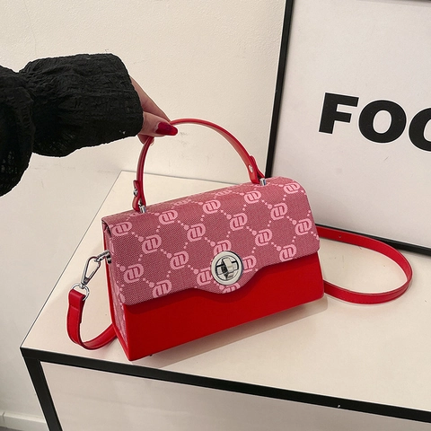 Bolso Caja Vintage con Monograma para Mujer Cuero PU Jacquard con Cierre Giratorio de Metal Bolso de Hombro de Color Contraste