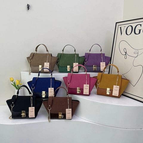 Borsa a Mano da Donna Retro in Pelle PU con Motivo a Coccodrillo Patchwork Stile Scamosciato Opaco con Catena d'Oro e Serratura a Tracolla