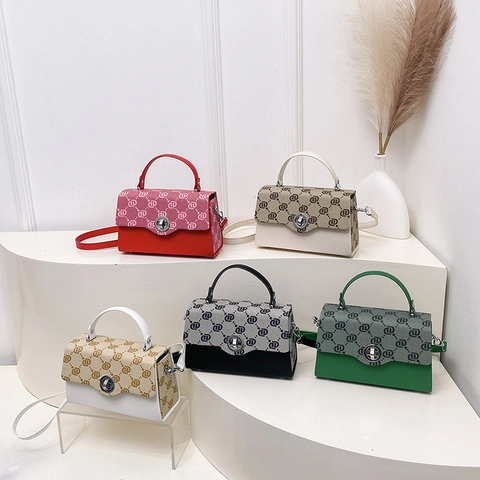 Bolso Caja Vintage con Monograma para Mujer Cuero PU Jacquard con Cierre Giratorio de Metal Bolso de Hombro de Color Contraste
