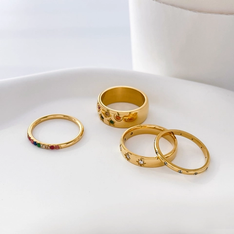 Edelstahl Bandringe Für Damen Bunte Regenbogen Zirkonia Stern Mond Graviert Hexagramm Boho Mode Schmuck