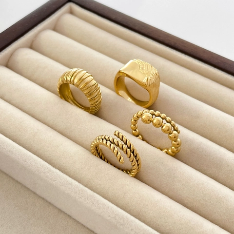 Vintage Vergoldete Titanstahl Ringe Wellenmuster Gedrehtes Seil Verlauf Perlen Stapelbarer Schmuck Für Damen