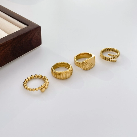 Vintage Vergoldete Titanstahl Ringe Wellenmuster Gedrehtes Seil Verlauf Perlen Stapelbarer Schmuck Für Damen