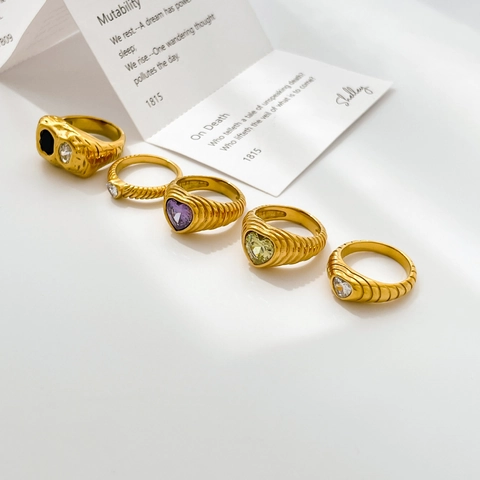 Vintage 18K Vergoldeter Edelstahl Herz Zirkonia Ringe Für Damen Croissant Gerippte Textur Geometrischer Fingerring Schmuck