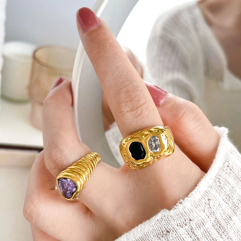 Vintage 18K Vergoldeter Edelstahl Herz Zirkonia Ringe Für Damen Croissant Gerippte Textur Geometrischer Fingerring Schmuck