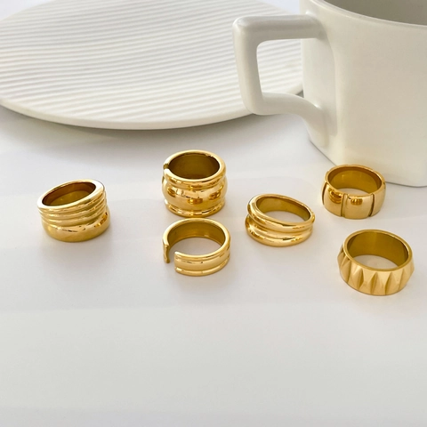Vintage Geometric Rings Stainless Steel Gold Plated Round Arc Multi Layer Minimalist Textured Fashion Jewelry For Women
