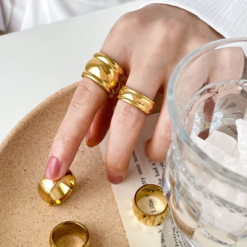Vintage Geometric Rings Stainless Steel Gold Plated Round Arc Multi Layer Minimalist Textured Fashion Jewelry For Women