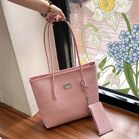 Women Large Capacity Tote Bag Fashion Shoulder Bag Matching Pouch Handbag PU Leather Herringbone Woven Texture Vintage Commuter Bag