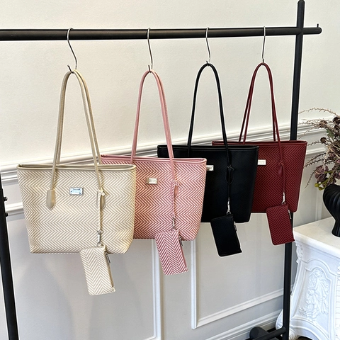 Women Large Capacity Tote Bag Fashion Shoulder Bag Matching Pouch Handbag PU Leather Herringbone Woven Texture Vintage Commuter Bag