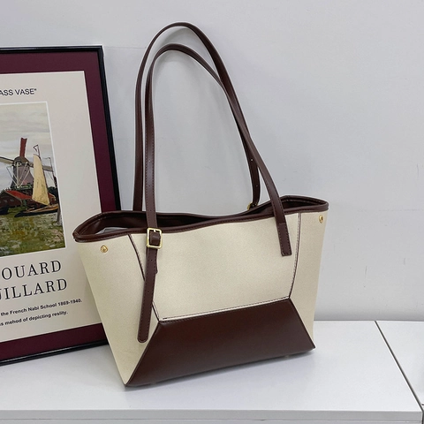 Vintage Grote Capaciteit PU Leer Tote Bag Dames Color Block Schoudertas Minimalistische Forenzentas