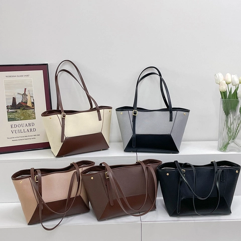 Vintage Grote Capaciteit PU Leer Tote Bag Dames Color Block Schoudertas Minimalistische Forenzentas