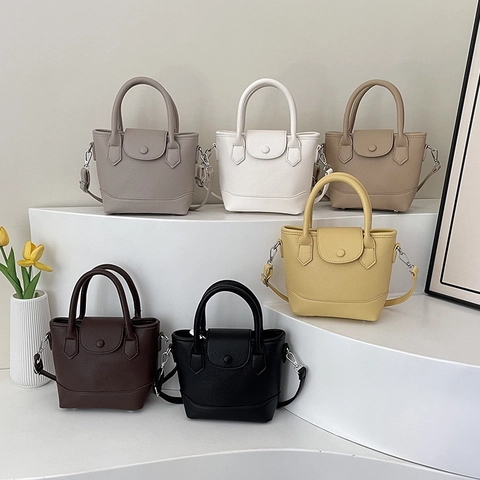 Women Bucket Bag PU Leather Lychee Pattern Handheld Crossbody Shoulder Bag Flap Magnetic Closure Fashion Casual