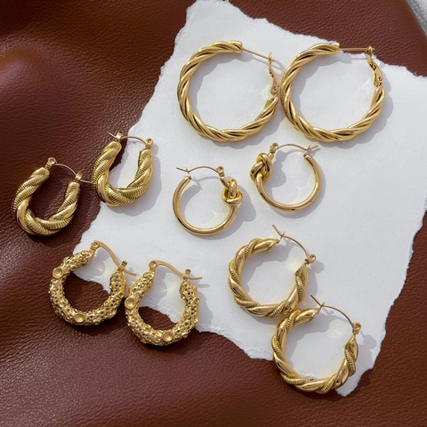 Orecchini A Cerchio Geometrici Placcati Oro 18K Acciaio Al Titanio Corda Intrecciata Nodo Texture Meteorite Per Donne