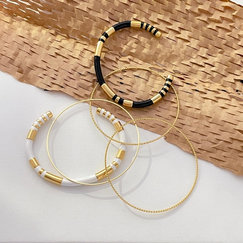 Minimalistische Roestvrijstalen Bangle Armband Voor Dames Met Gedraaide Touwtextuur En Zwart Wit Emaille Open Sieraden