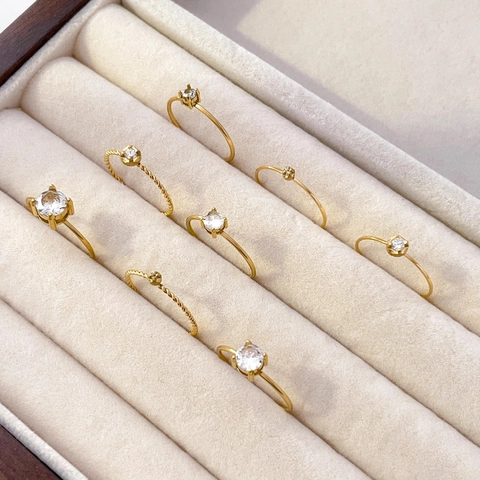 Minimalist Solitaire Ring Stainless Steel 18K Gold Plated Four Prong Cubic Zirconia Thin Twisted Band Jewelry For Women