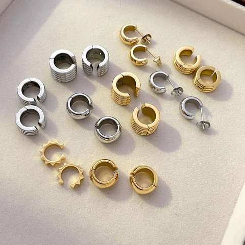 Geometric C Shape Hoop Earrings Titanium Steel 18K Gold Plated Ribbed Thread Gear Texture Ear Cuffs For Women Minimalist