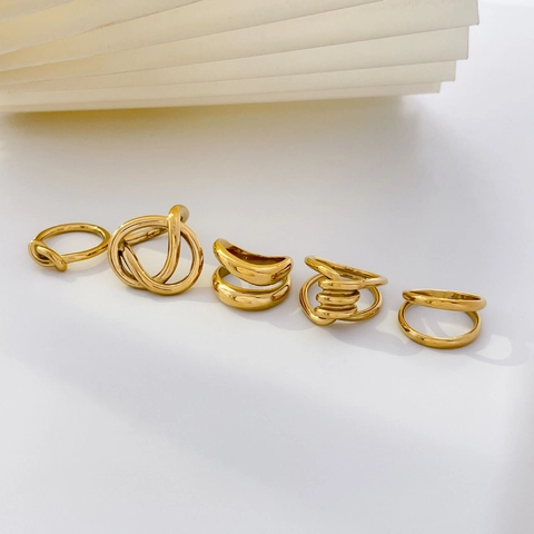 Geometric Rings For Women Titanium Steel 18K Gold Plated Minimalist Knot Double Layer Twisted Rope Crossover Design