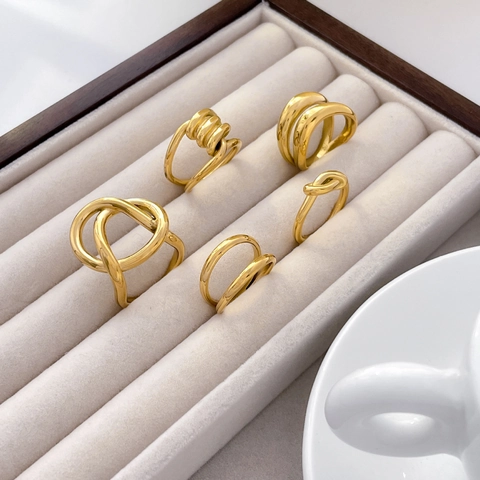 Geometric Rings For Women Titanium Steel 18K Gold Plated Minimalist Knot Double Layer Twisted Rope Crossover Design