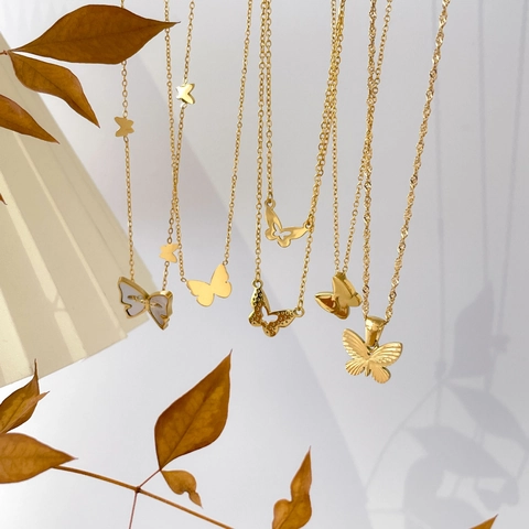 Butterfly Pendant Necklace Titanium Steel 18K Gold Plated Shell Inlay Double Layer Hollow Sweet Elegant Fashion For Women