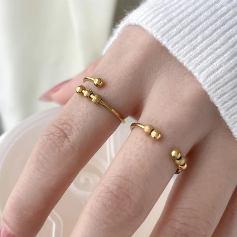 Spinner Ring Titanstahl 18K Vergoldet Bewegliche Perlen Welle Twist Design Stapelbarer Minimalistischer Modeschmuck Für Damen