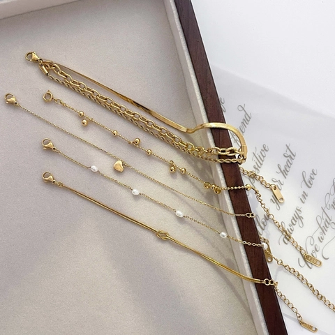 Heart Pendant Freshwater Pearl Titanium Steel Bracelet Multi Layer Knotted Snake Bone Chain Jewelry For Women