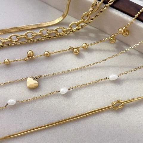 Heart Pendant Freshwater Pearl Titanium Steel Bracelet Multi Layer Knotted Snake Bone Chain Jewelry For Women
