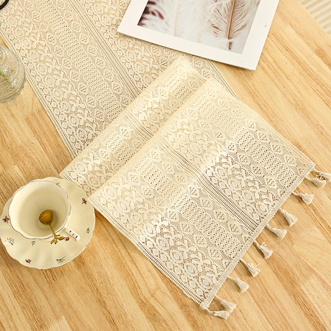 Vintage Lace Table Runner Polyester Crochet Hollow Out With Tassel Fringe For Dining Table Home Decor Bohemian Style Beige