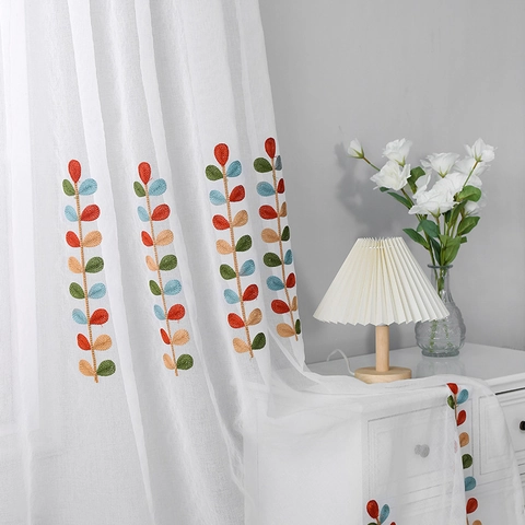 Korean Pastoral Style White Embroidered Colorful Leaf Semi-Sheer Curtain For Living Room Bedroom Window Treatment Panel